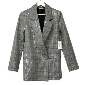 Jason Wu Sequined Double Breasted Blazer Gray Plaid Small NEW